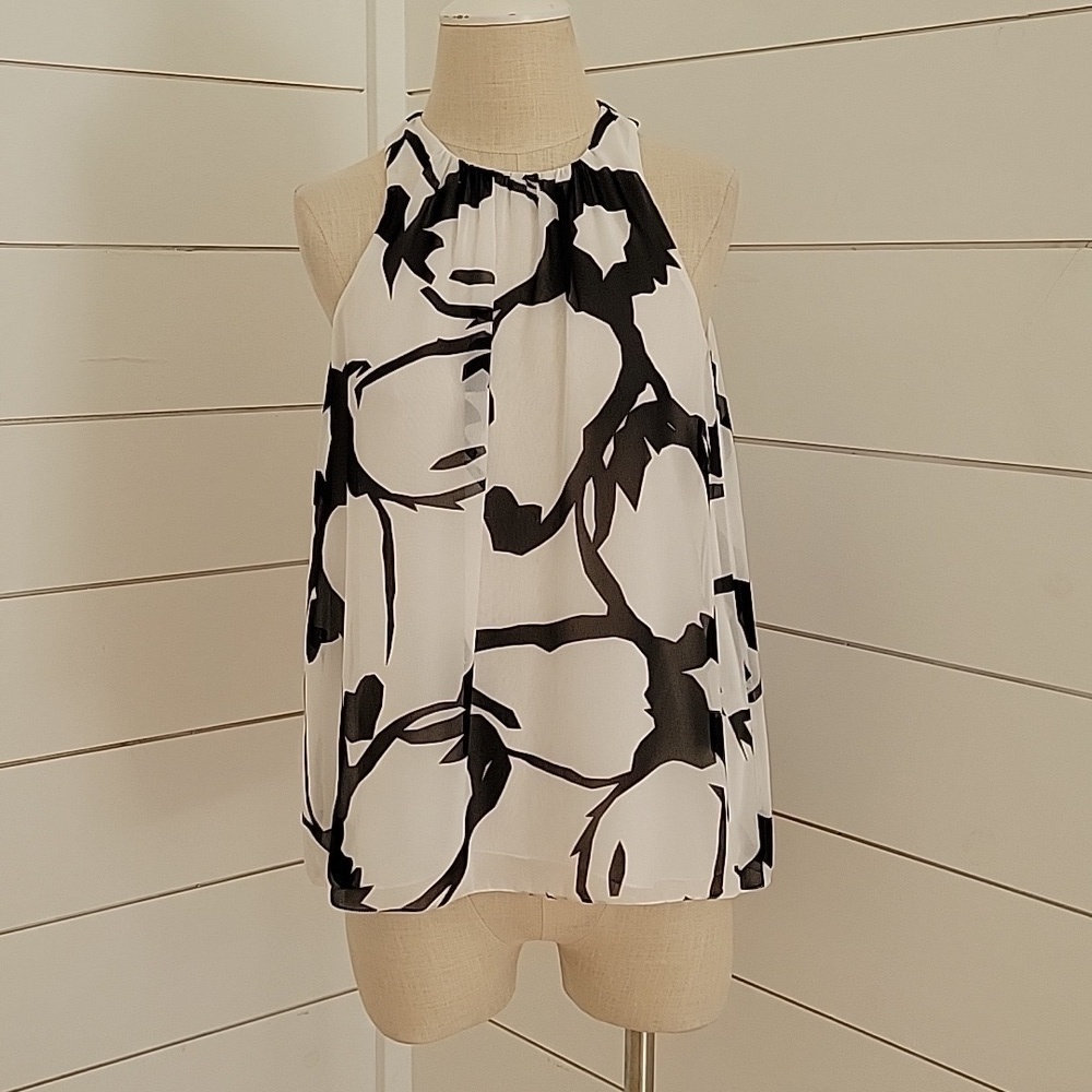Vince Camuto XS sleeveless blouse sheer black and white abstract design